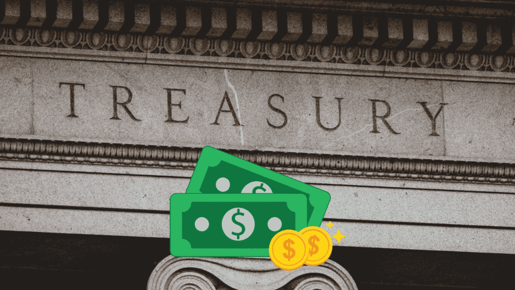 Illustration showing U.S. Treasury building with rising T bill charts, representing debt issuance in 2025