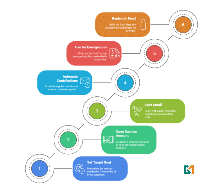 A step-by-step process chart showing how to set up an emergency fund by GlimMarket.com