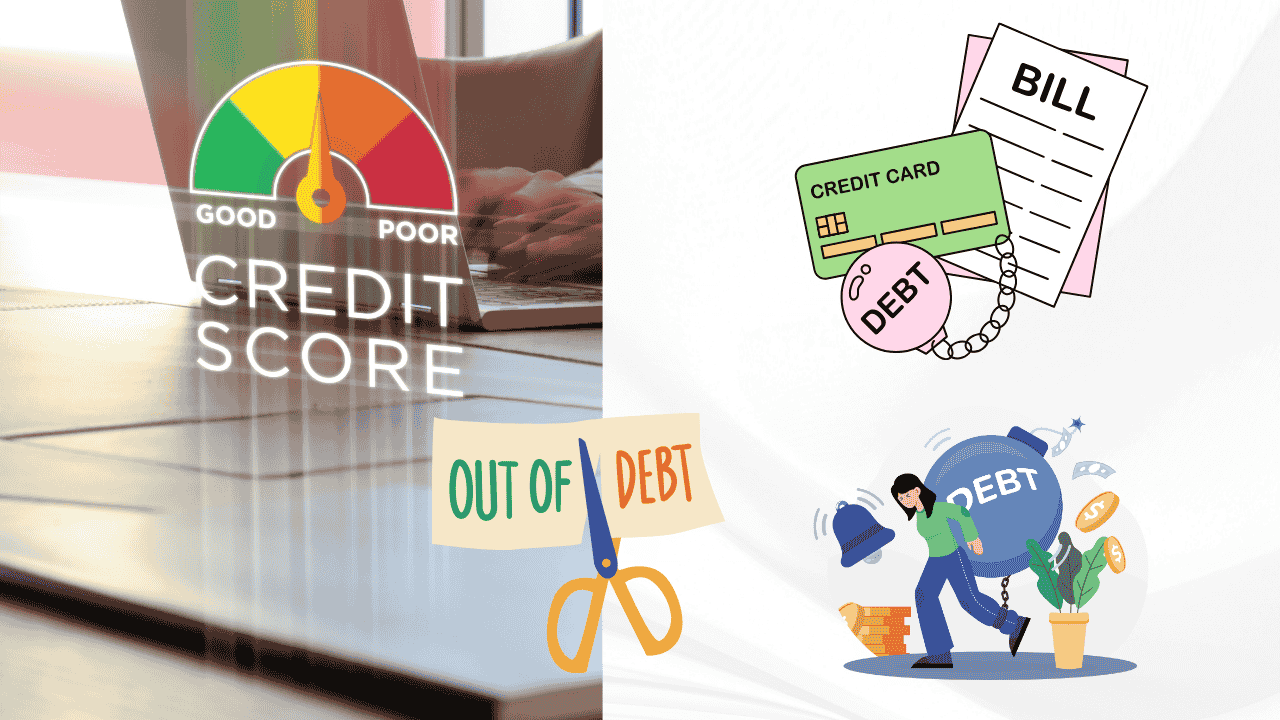 Illustration of credit and debt management showing balanced scales with credit cards, bills and savings to represent smart money management strategies.