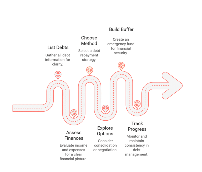 A debt management roadmap flow chart showing six key steps: listing debts, assessing income, choosing a repayment method, exploring consolidation, building an emergency buffer, and tracking progress.