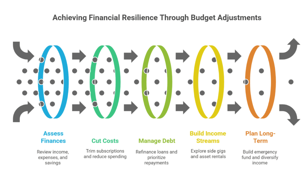 Step-by-step flowchart showing budget adjustments when interest rates fall, including assessing finances, cutting costs, managing debt, building income streams, and long-term planning for households and savers by GlimMarket.com
