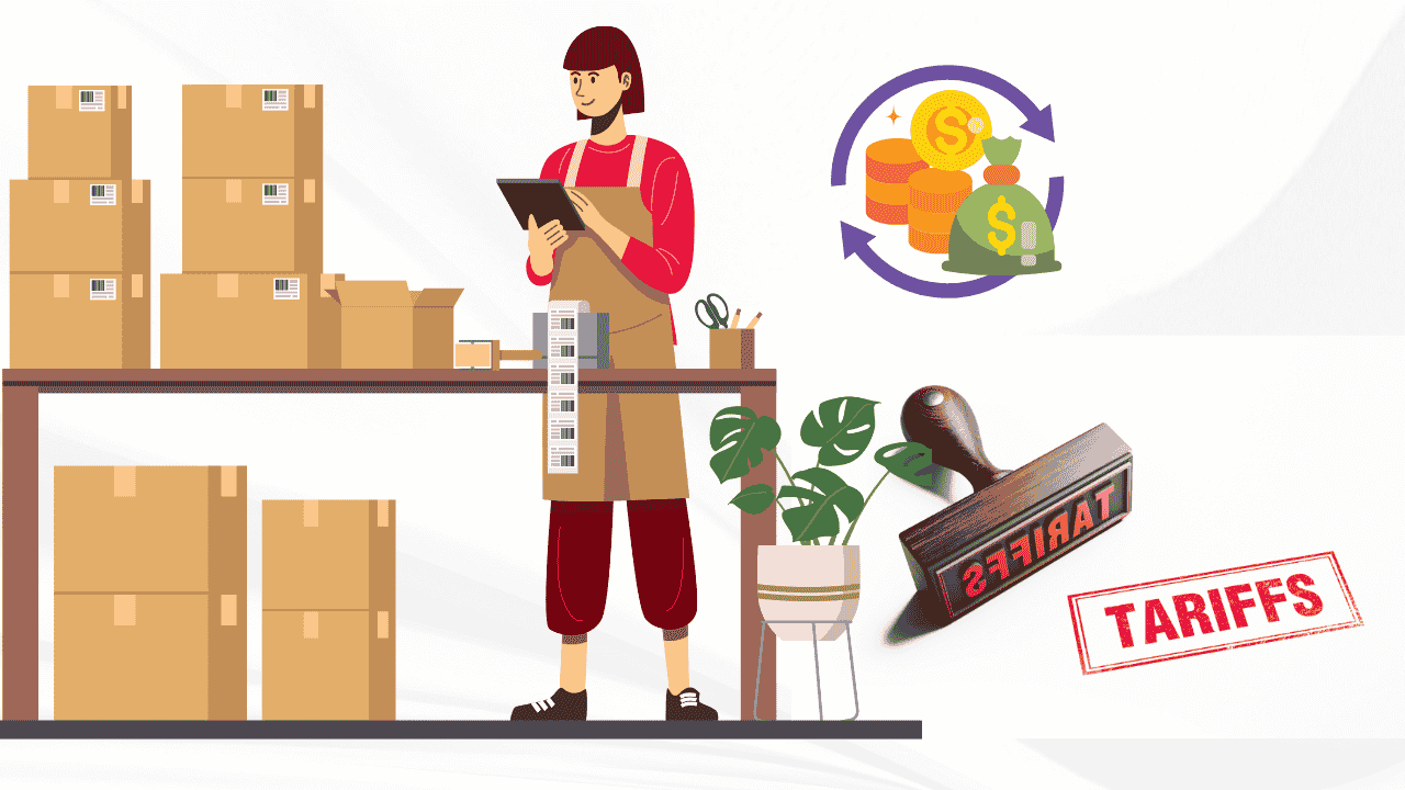 Small business owner reviewing cash-flow charts and supplier invoices while planning strategies to manage tariff shock without relying on costly credit. GlimMarket.com