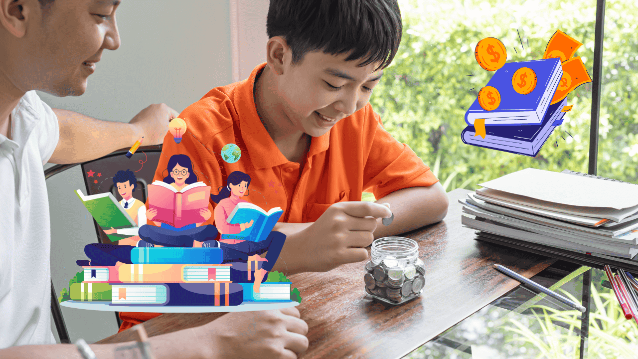 Image illustrating the Financial Literacy and Basics with a child and parent learning the importance of savings by GlimMarket.com