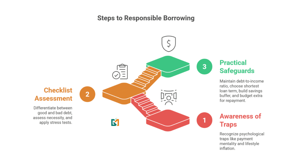 Flow chart showing steps to avoid debt traps in a low-interest-rate environment, from identifying psychological risks to applying responsible borrowing strategies and safeguards. by GlimMarket.com