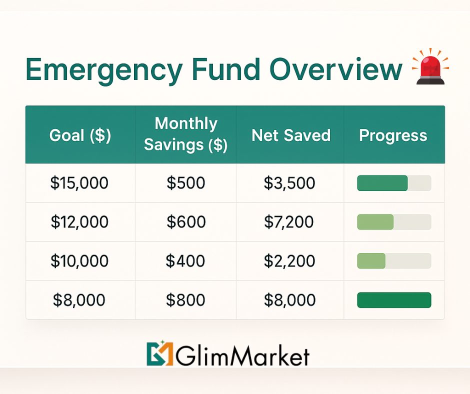 Emergency fund overview example with progress