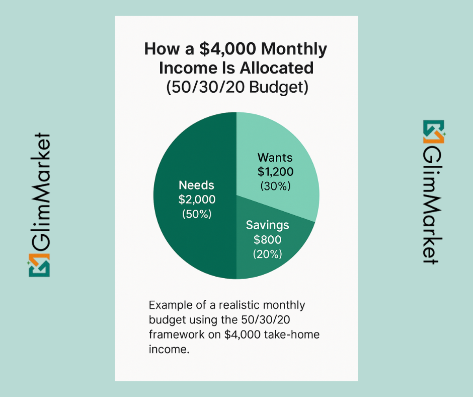 50/30/20 budgeting example showing how a $4,000 monthly income is split using the 50/30/20 rule